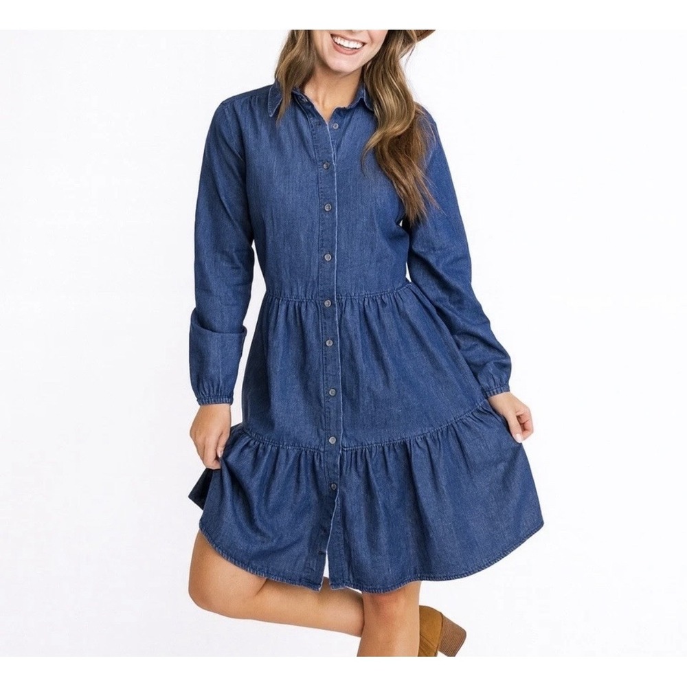 J Crew Chambray Shirt Dress Women Size‎ 6 Blue Denim Button Front Tiered Mini